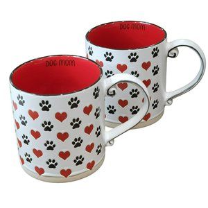 Set Of 2 DOG MOM Red Hearts And Black Dog Paw Prints Engraved Coffee Mug